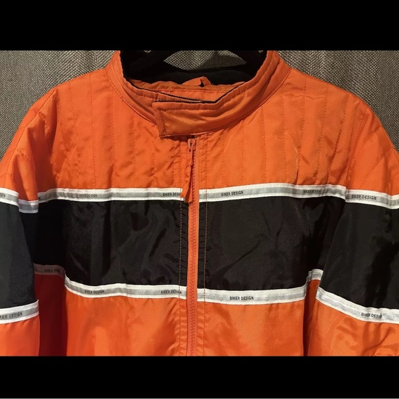 USA Biker Design Coat Men’s XL Orange W/Reflective Stripe, 3 Zipper Pockets - Picture 3 of 6